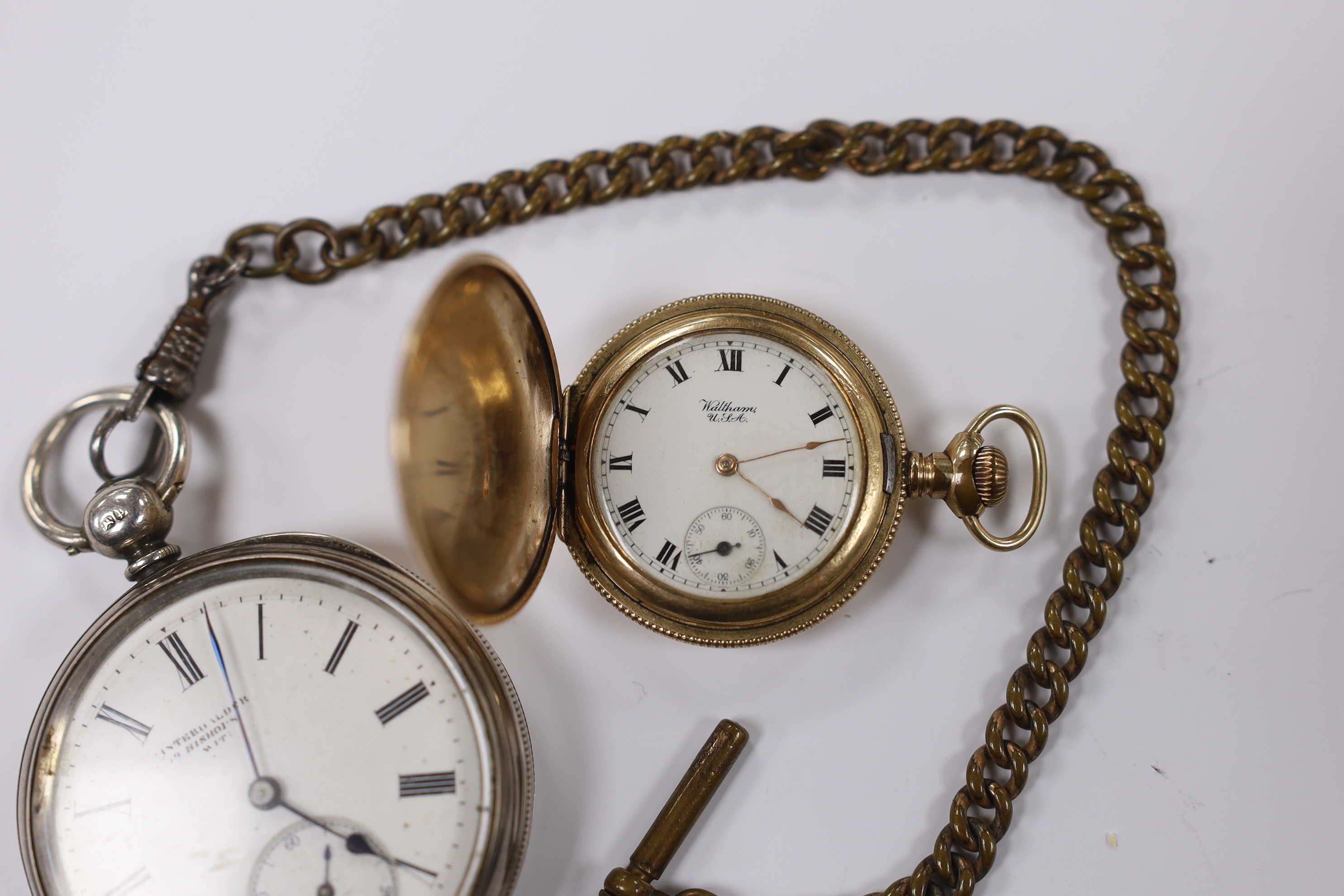 A Victorian silver open face pocket watch, with a gilt metal albert, together with a smaller gold plated Waltham hunter pocket watch.